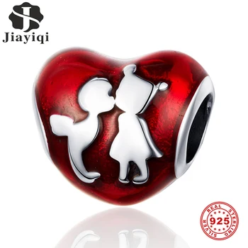 

Jiayiqi 925 Sterling Silver Red Enamel Heart Beads Boy&Girl Fit Bracelet Necklace Charm Couple Romantic Engagement Party Jewelry