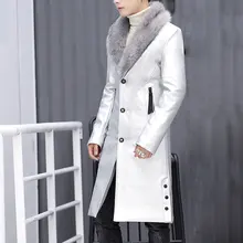 Новинка, зимний блейзер с меховым воротником, длинное Мужское пальто с мехом, мужская деловая Повседневная кожаная куртка, флисовое теплое толстое пальто XXXL