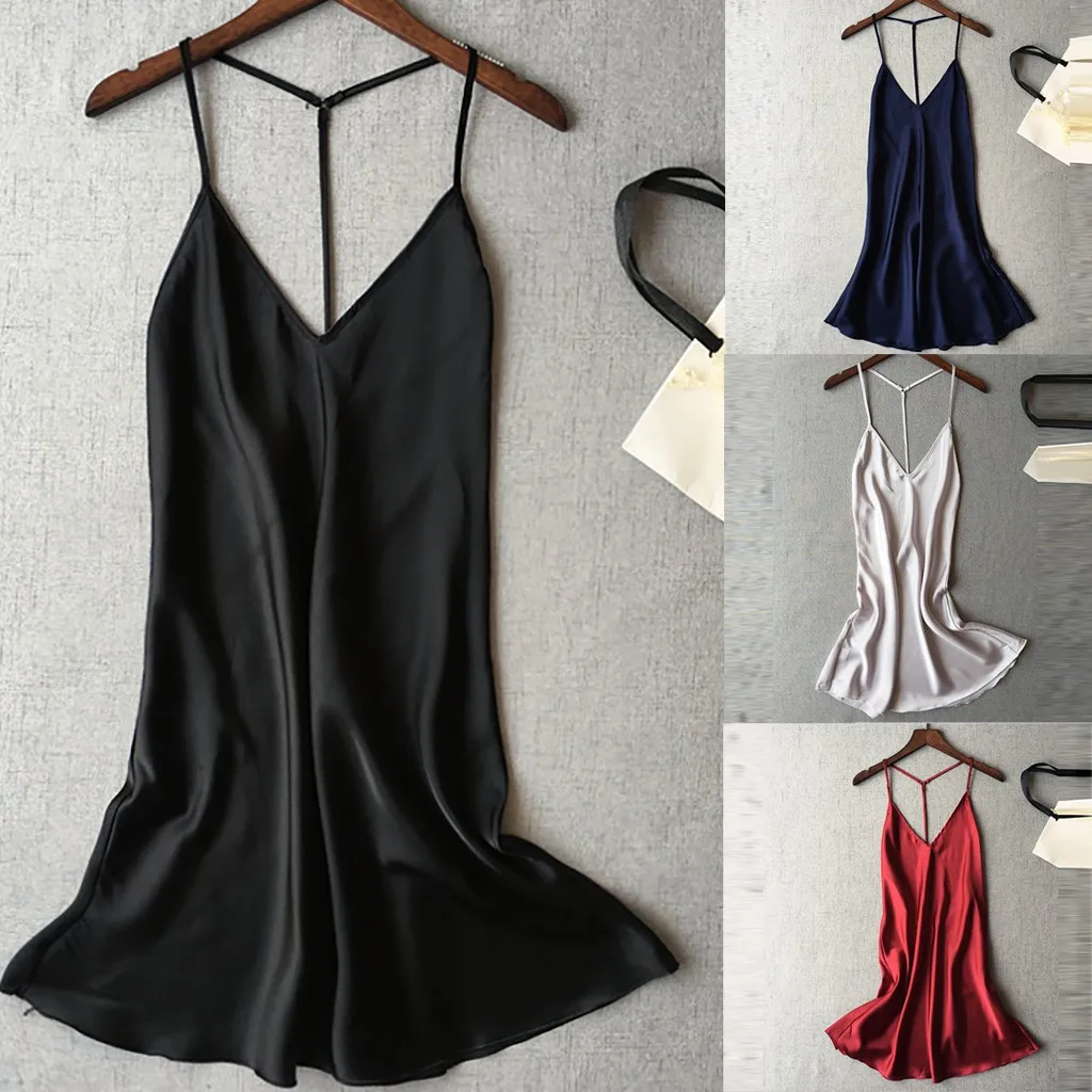 Ladies Sexy Silk Satin Night Dress Sleeveless Nighties V-neck Nightgown Summer Nightdress Lace Night Gown Sleepwear For Women#p3