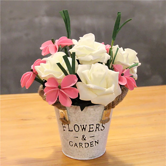 1set Ev Rose Small Circle Hand Made Iron Bucket Artificial Flowers 1set Ev Rose Small Circle Hand Made Iron Bucket Artificial Flowers Vase Wedding Home