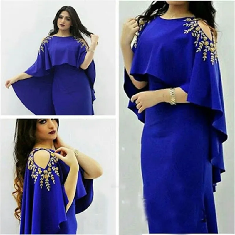 

2018 Royal Blue Satin Celebrity Dresses Straight Cap Sleeves Appliques Formal Gowns Scoop Zipper Back Vestidos De Festa