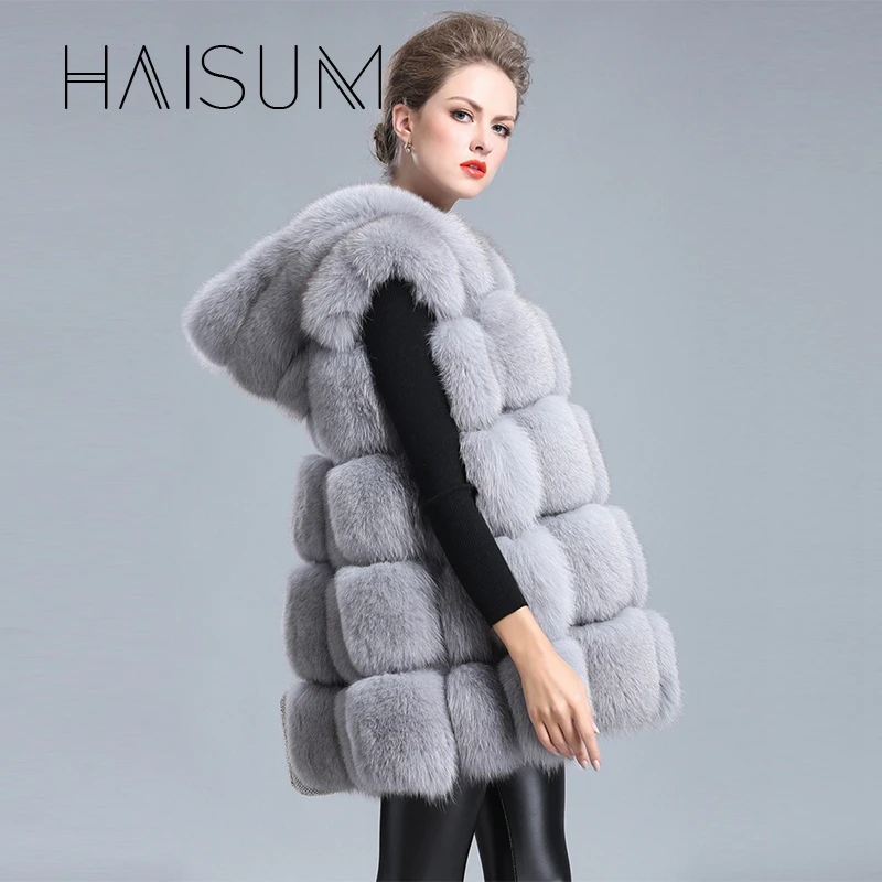 Haisum женский жилет с капюшоном, меховая шапка,, модный роскошный толстый теплый жилет из искусственного лисьего меха, пуховое пальто, куртка, однотонный меховой жилет HN108