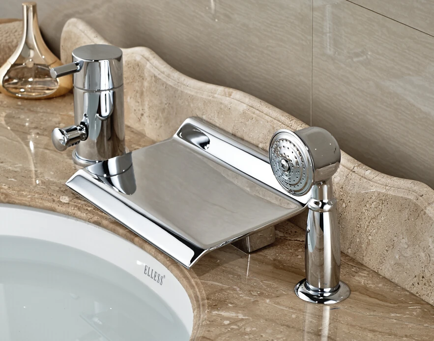 

Modern Chrome Finished Bathroom Basin Faucet Deck Mounted Mixer Tap With Hand Shower