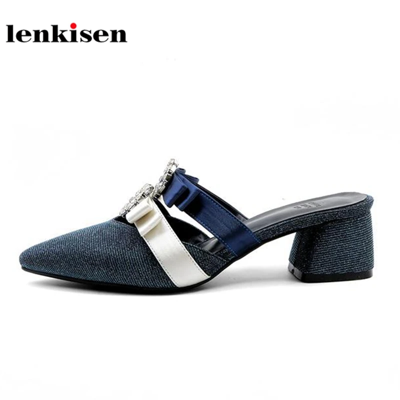 

Lenkisen sheep leather crystal silk decoration women sandals high heels new fashion simple pointed toe shining summer mules L36