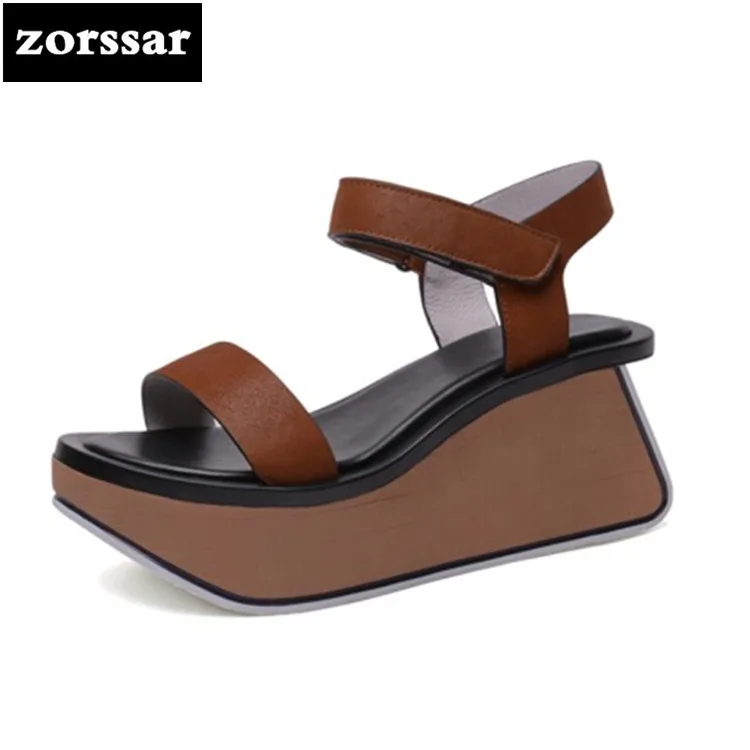 

{Zorssar} 2018 Genuine Leather Wedges Women Sandals Summer Shoes Open Toe platform High heels woman Roman Gladiator Sandals