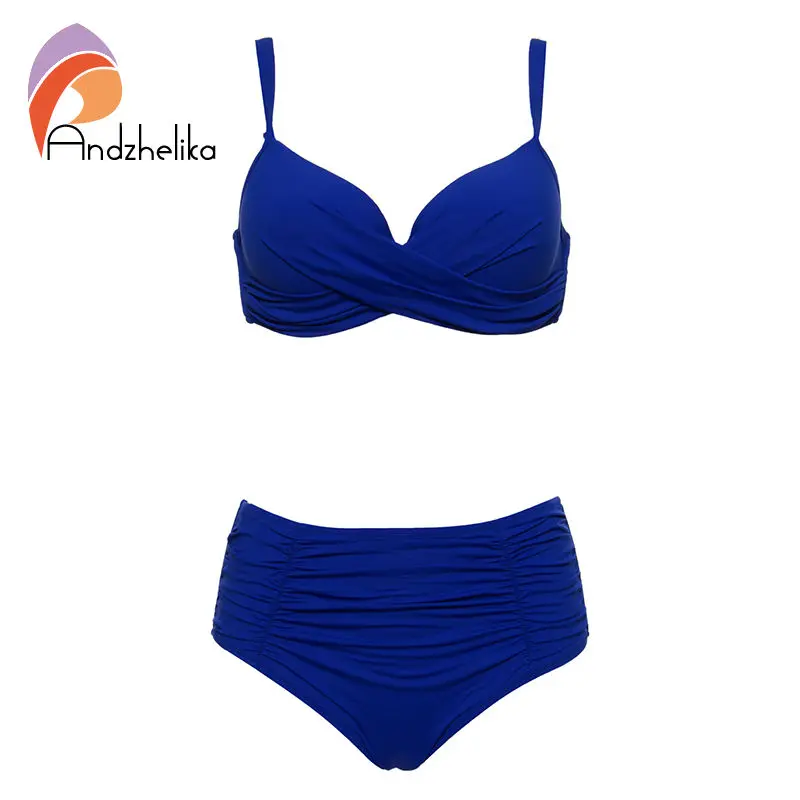 Andzhelika 2017 New Sexy Bikinis Women Swimwear Solid Fold High Waisted Bikinis Set Plus Size Swimwear