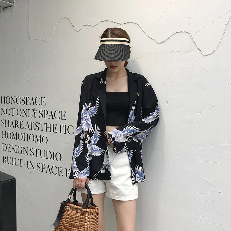 Винтажное женское кимоно Harajuku шикарный жакет журавль Новинка осени 2018 кардиган в