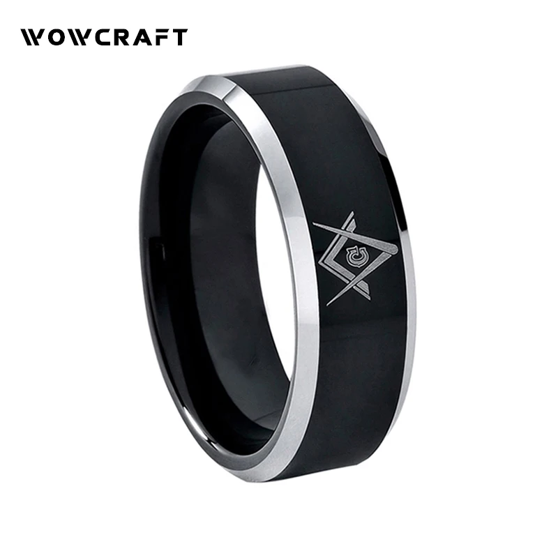 

Black Tungsten Carbide Ring Engraved with White Finish Edges Comfort Fit Beveled Design