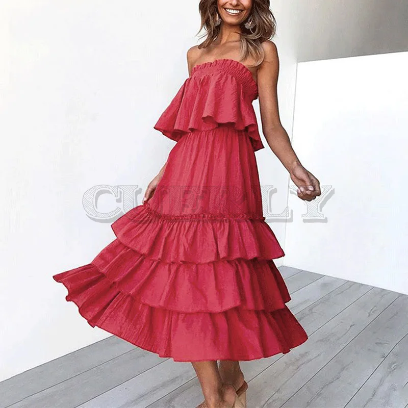 

Cuerly new spring summer two piece dress off shoulder maxi dress big pendulum mulit layer ruffle dress L5