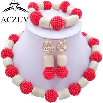 

Brand ACZUV African Wedding Coral Beads Necklace Ivory White and Red Imatation Pearl Jewelry Set Nigerian Jewellery AN085