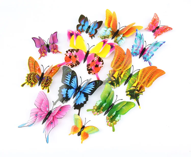 New 12Pcs/Set 3D Double Layer Pteris Butterfly Wall Stickers Home Decoration Colorful Butterflies On Wall Magnet Fridge Decals