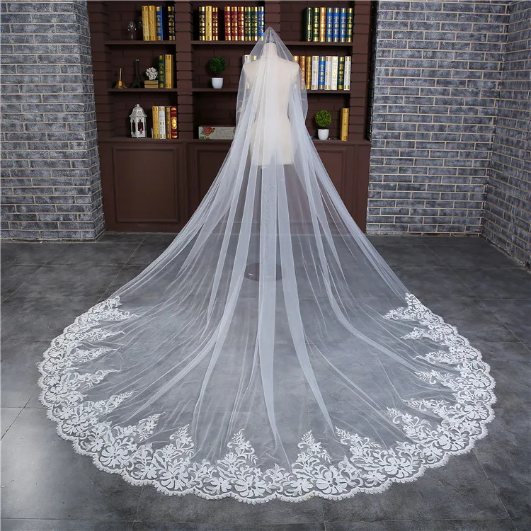 

3 Meters Luxury Long Cathedral Wedding Veils Lace Edge One Layer Bridal Veil White Women Mantilla Voile De Mariee Hot Sale