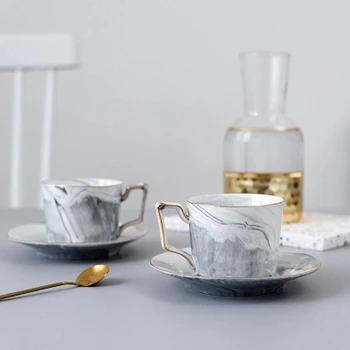 

2019 new style Nordic Minimalist Style Gold Ceramic Coffee Cup with Dish Set Grey Marble Afternoon Tea Black Tea Cups
