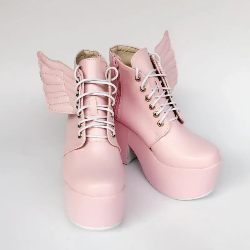 Japanese-Harajuku-High-Platform-Pink-Girl-Lolita-Ankle-Boots-Angel-Wings-PU-Leather-Lolita-Cosplay-Short-Boots- 2