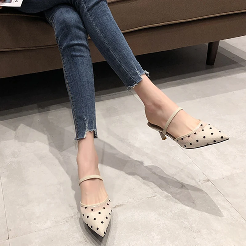

New Sexy Mid Heel Women Mules Shoes Pointed Toe Thin Heel Fashion Ladies Sandals Leisure elegant Mesh Party Wedding Women Shoes