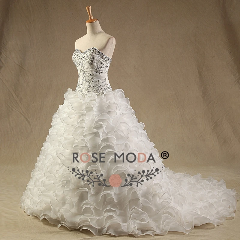Роза Мода органза с оборками бальное платье без бретелек и расшитый бисером плюс размер Свадебное платье Кружева обратно Vestidos de Noiva реальные фотографии