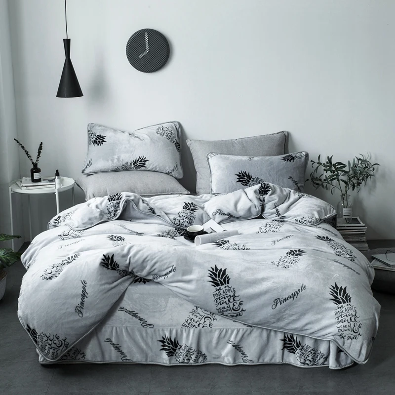 

Thick Fleece fabric pineapple print queen size warm winter bedding set duvet cover bed sheet pillow cases 4pcs kit