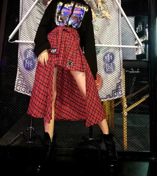 Японская Харадзюку Ретро Красная клетчатая панк Рок Асимметричная длинная юбка