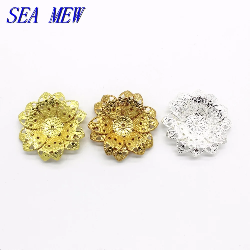 SEA MEW 27mm Metal Copper Flowers Bead Caps Base Setting 3 Colors Filigree Flowers Tray Connectors For Jewelry Making Jewelry Findings