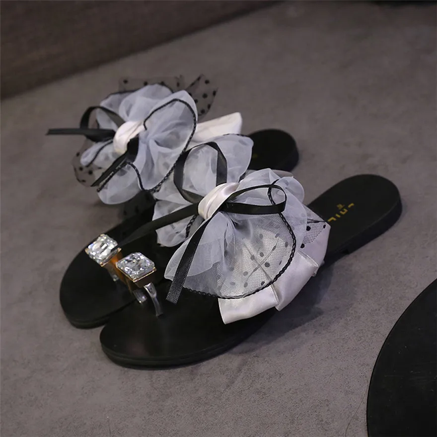 

Fashion Women Summer Flower Bow Flat Heel Toe Sandals Slipper Flip Flops Crystal Beach Shoes High Quality Casual Shoes zapatos