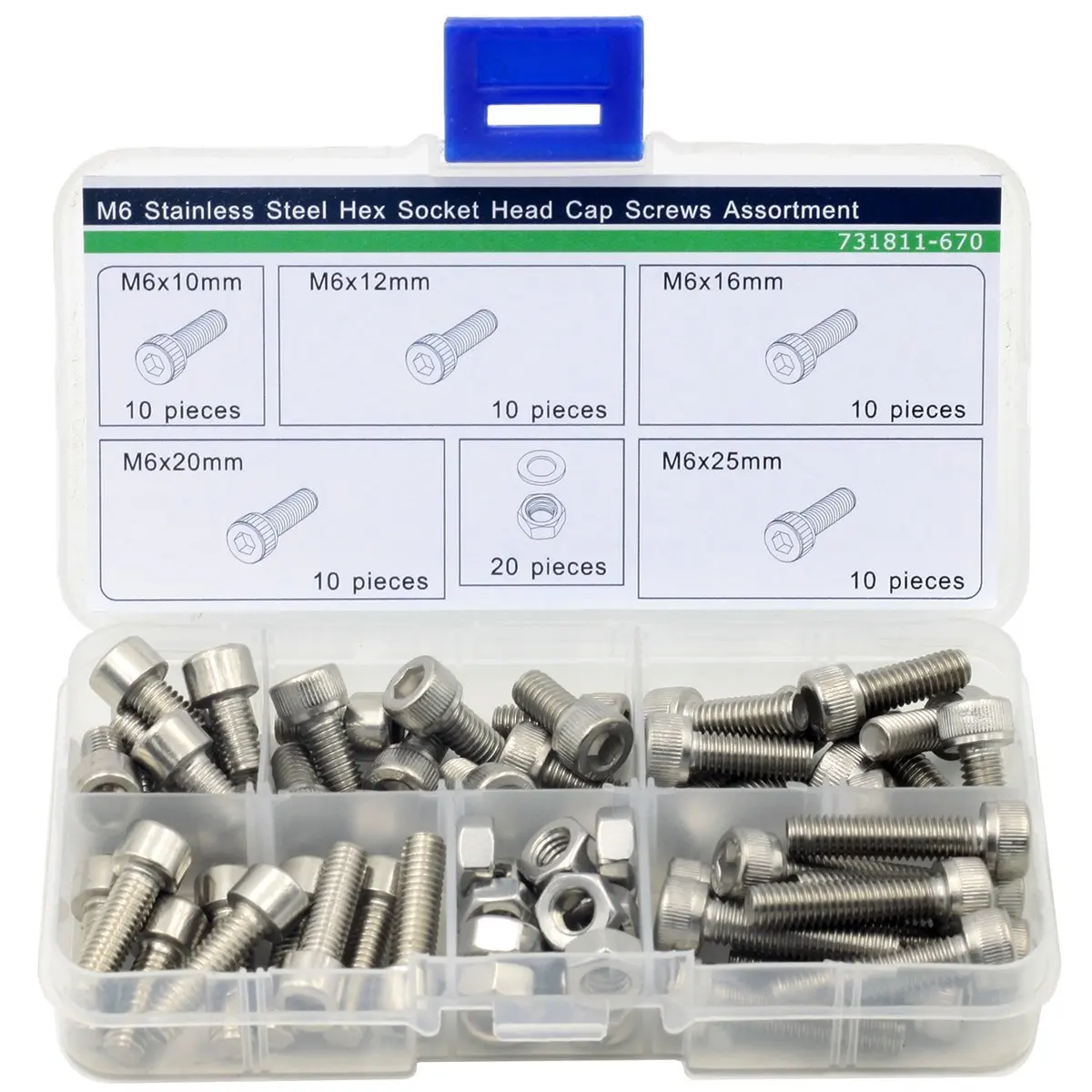 

M6 Stainless Steel Hex Socket Cap Screw,Hex Nuts,Plain Washers Assortment,70 pcs