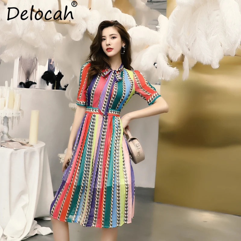 

Delocah New 2019 Women Spring Summer Midi Dress Runway Fashion Short Sleeve Bow Tie Striped Printed Elegant Vintage Silk Dresses