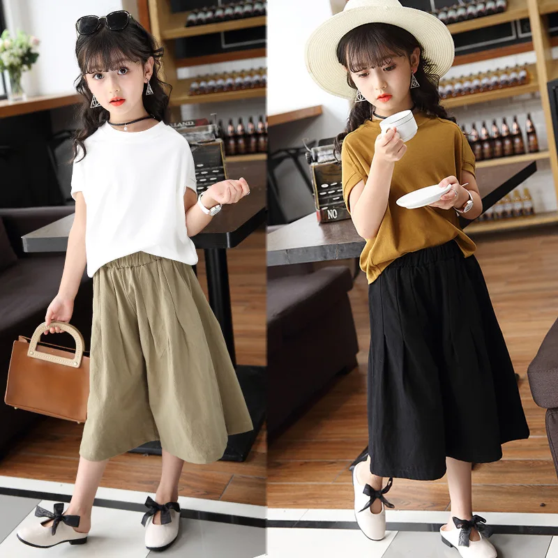 

New 2018 Korean Girl's Fashion Loose Fashion O Neck Bat Short Sleeve T Shirt Wide Leg Pants 2Piece Set Kids Baby Suit Asg Pizama