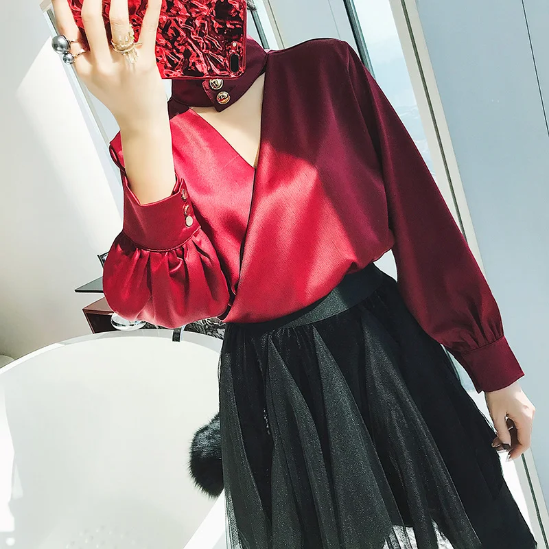 

ASYMSAY 2017 New Style Spring Long Sleeve Blouse Satin Fabric Sexy Deep V Neck Solid Color Shirt Women Slim Tops AC7257