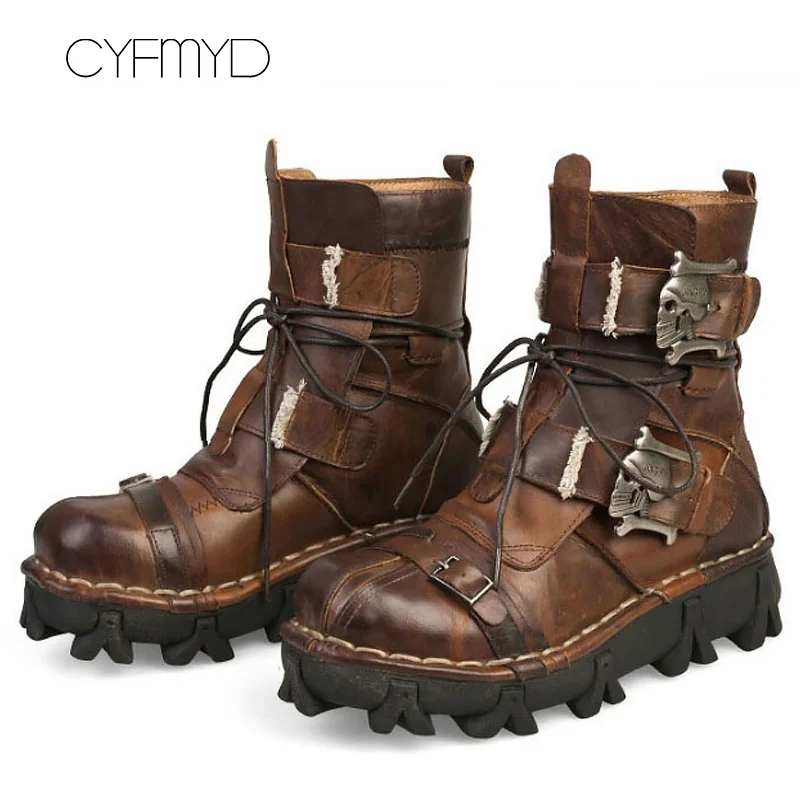 Военные ботинки; большие размеры 11,5-16; ботинки в байкерском стиле из натуральной кожи; ботинки в стиле панк с металлическими черепами; мужские армейские ботинки - Цвет: Brown