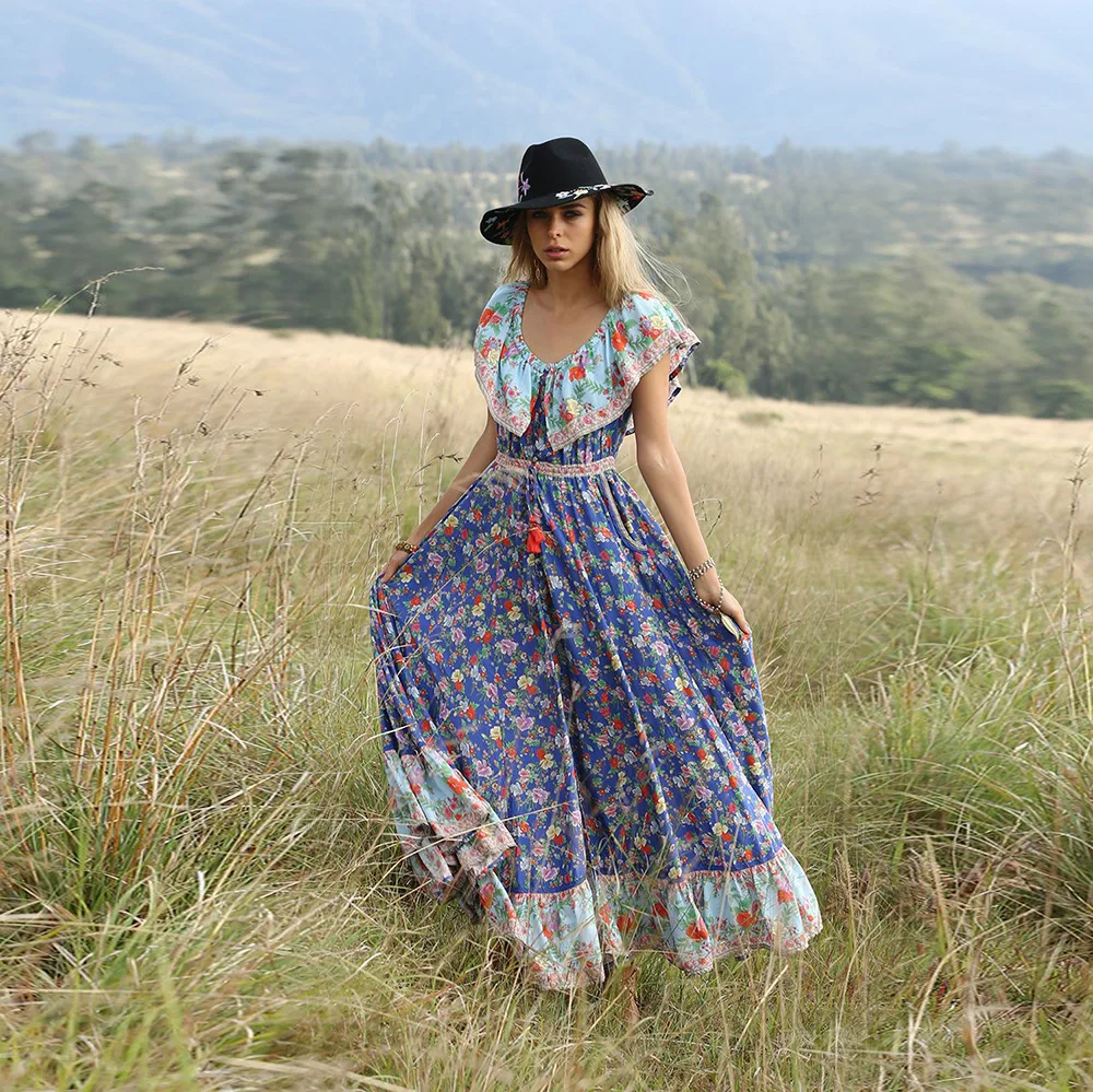 

Boho Beach Dress Women Summer Off Shoulder Floral Print Short Sleeve Evening Party Cotton Dress Tunic Vestidos Plus Size Blue