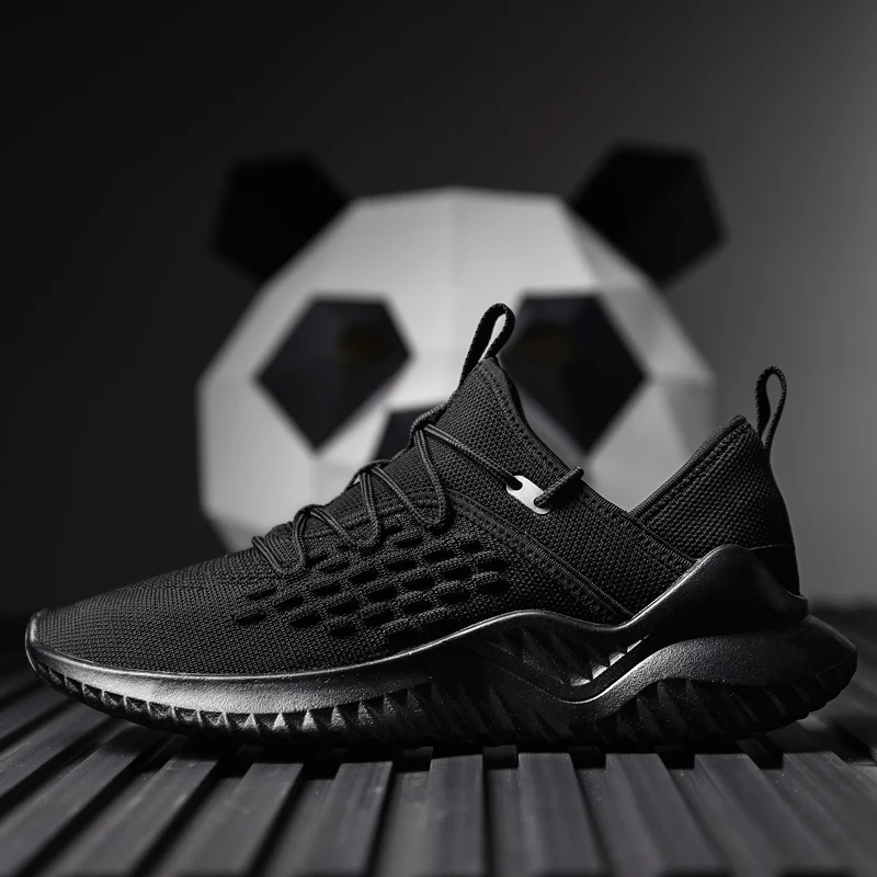 Hemmyi Mens Sneakers Casual Flyknit Breathable Trainers Lace-Up Tenis Masculino Adulto Spring/Autumn New Products Black Shoes