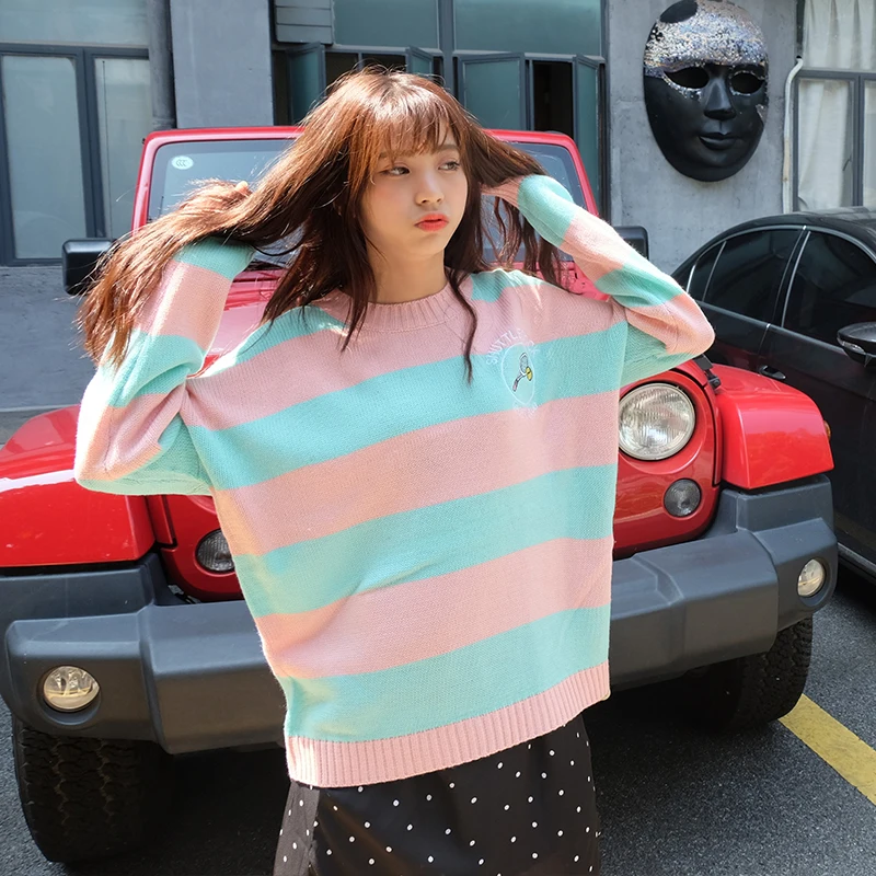 Harajuku women sweater 2018 korean new winter knitted sweaters cartoon embroidery candy-colored stripes loose pullover jumpers Harajuku women sweater 2018 korean new winter knitted sweaters cartoon embroidery candy-colored stripes loose pullover jumpers