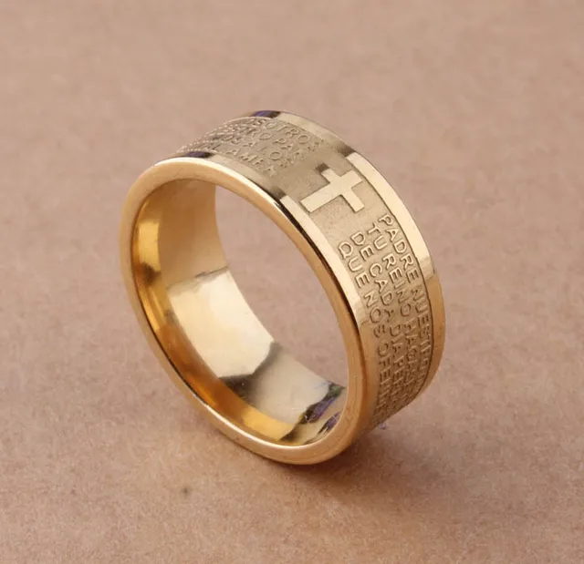 Free Shipping Whole 7mm Gold Tone Spanish Golden The Holy Free Shipping Whole 7mm Gold Tone Spanish Golden The Holy Lord S Prayer Cross Ring Stainless