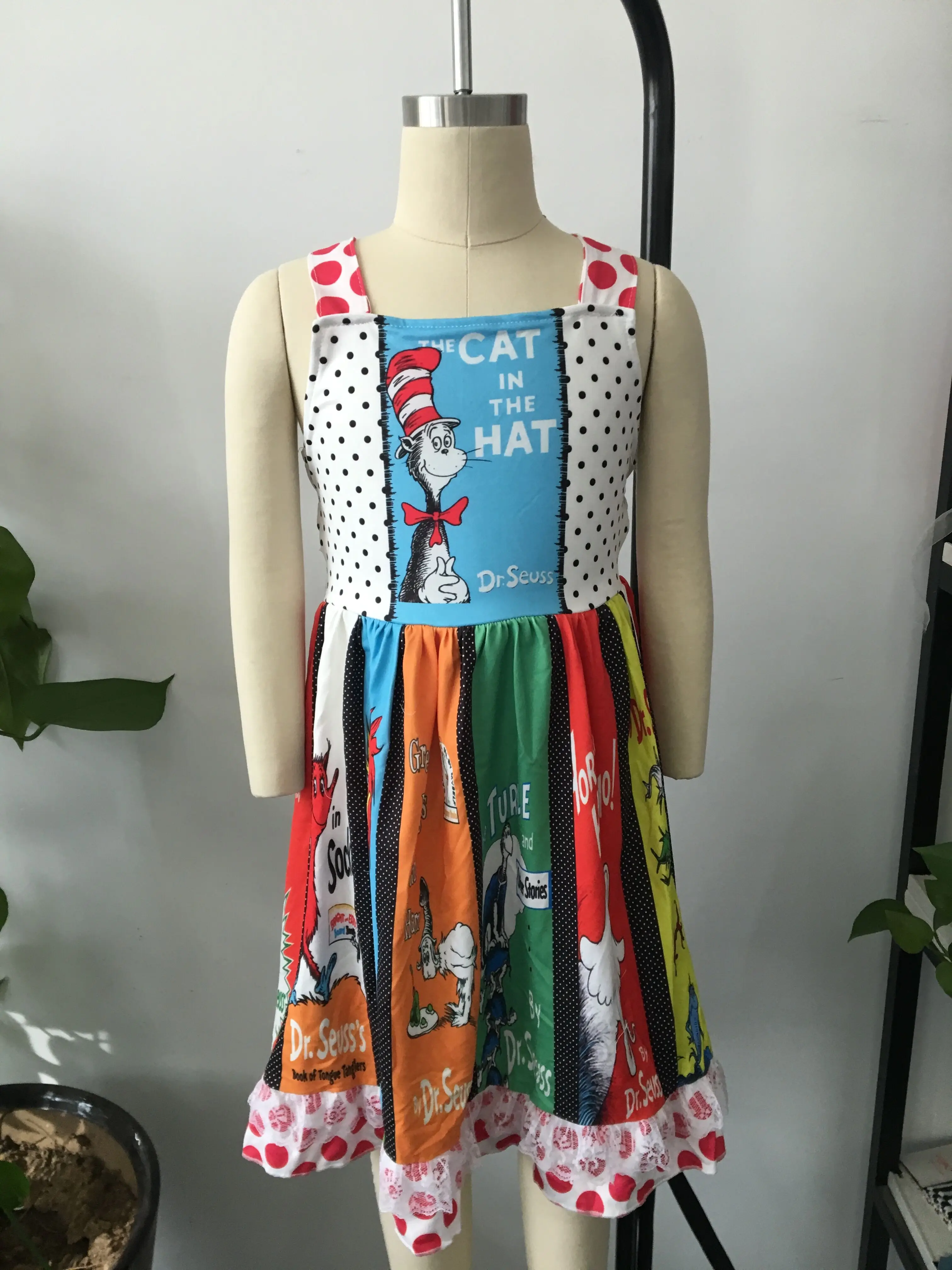 

kids girls Dr suess twirl dress stripe sleeve pannle pattern dress baby girl casual dress