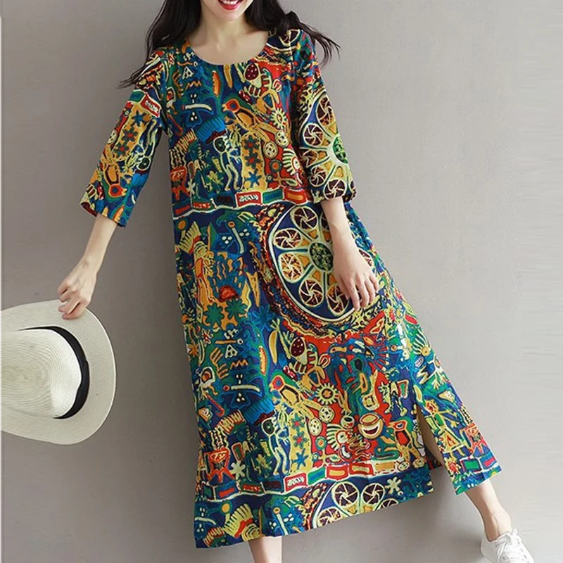 

Ladies Dress Womens Beach Summer 3/4 Sleeve Retro Fashion Long Casual Loose Maxi Baggy Kaftan Round Neck A Line