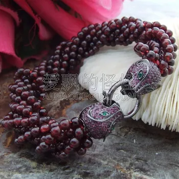 

B120412 8" 8 Strands Round Garnet Bracelet Cz Pave Clasp