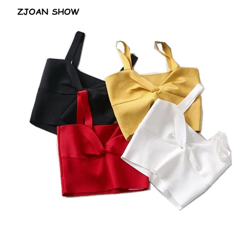 

Sexy Deep V neck Hollow Out Knik Bow Front Strap Crop Top 2018 New Women Backless Crop Tops Short Tank Knitted Vest 4 Colors