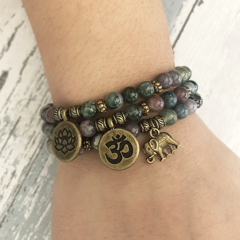 

6MM India Agates Unakite Stone Beaded OM Stacking Lotus Elephant bracelet Set of 3 Mala Bracelets Yoga Beads Reiki Bracelet