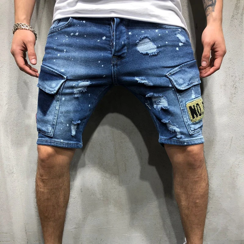 

2019 NEW summer denim shorts Embroidered men's Jeans Shorts Hip-hop slim shorts Blue light blue S-3XL