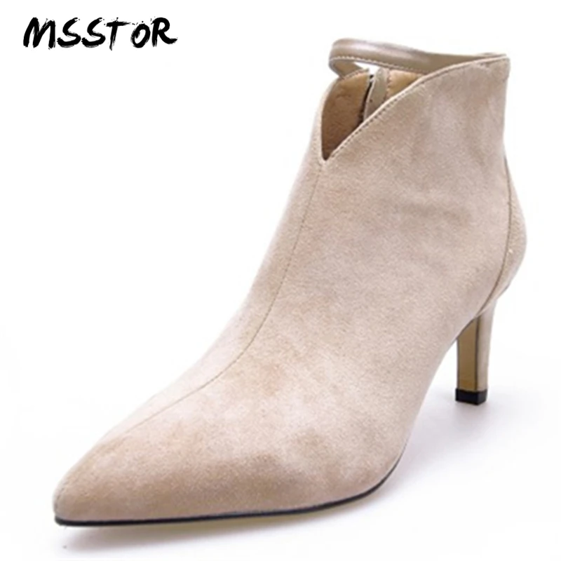 

MSSTOR Hollow Thin Heels Sexy Black For Boots Women Elegant Kid Suede Fashion Autumn Shoes Women Pointed Toe Women Ankle Boots