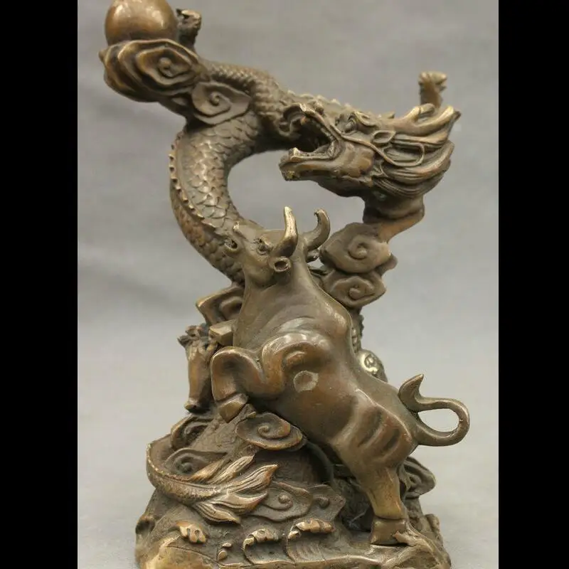 

wan67104079+++10" Chinese Bronze Copper Year Zodiac Wealth Fly Dragon Ball Up Bull Ox Statue