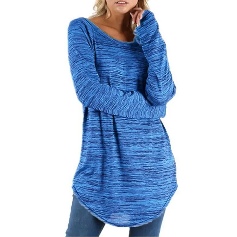 Новые длинные футболки женские осенне-зимние повседневные хлопковые свободные однотонные пуловер с круглым вырезом футболки с длинными рукавами Большие размеры женские - Цвет: blue