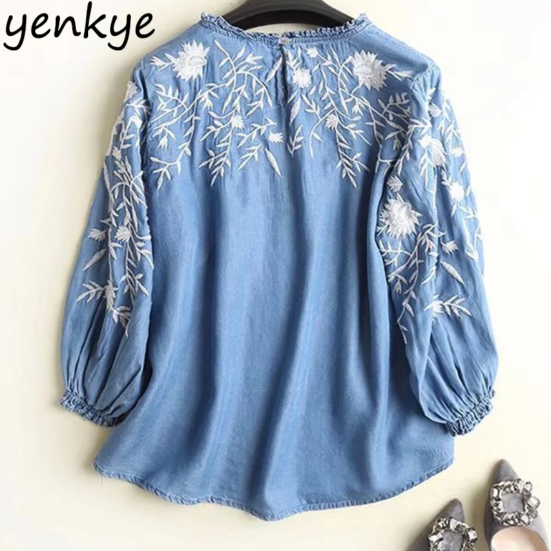 Vintage Blue Tencel Denim Blouses Women O Neck Three-Quarter Sleeve Floral Embroidered Shirt Plus Size Summer Tops Vintage Blue Tencel Denim Blouses Women O Neck Three-Quarter Sleeve Floral Embroidered Shirt Plus Size Summer Tops