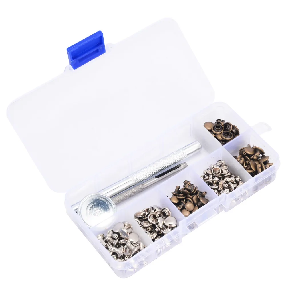 

120 Set Silver Bronze Rivets Tubular Metal Single with Fixing Tool Kit For Belts Jackets Leather Crafts Repairing Decorating