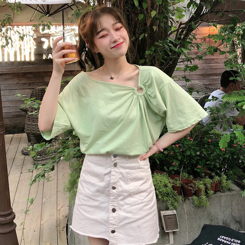 casual white skew collar loose Harajuku fashion brand summer style ladies tops Women's Clothing T-Shirts vetement femme hot