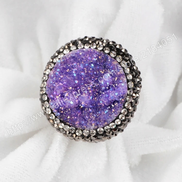 Round Dyed Purple Agate Druzy Geode Ring For Woman Gun Black Crystal Rhinestone Pave Zircon Fashion Design JAB084-4 | Украшения и