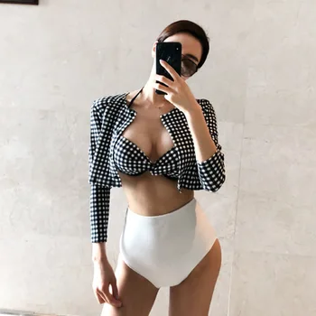 

High-quality women split swimsuit three-piece swimwear cover belly sexy Siamese triangle gathered thin steel backless