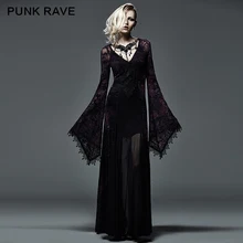Фотография PUNK RAVE Gothic style flocking dark violet long dress with flare sleeves