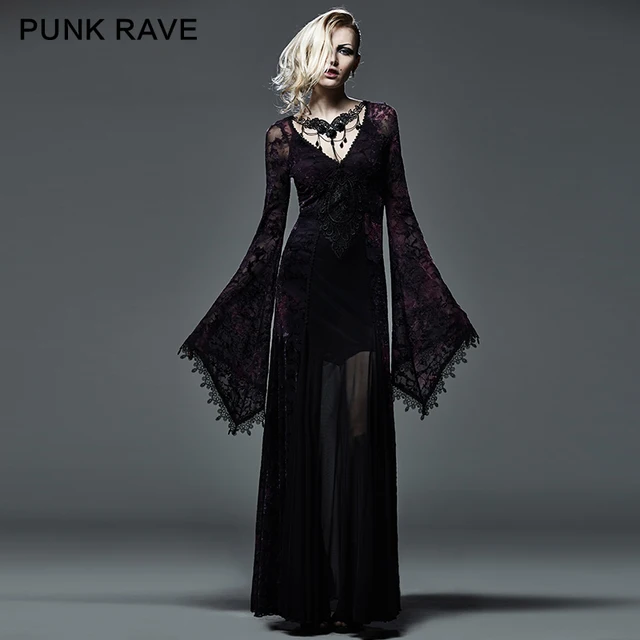 Punk Rave Gothic Style Flocking Dark Violet Long Witch Dress With Punk Rave Gothic Style Flocking Dark Violet Long Witch Dress With Flare Sleeves For Q