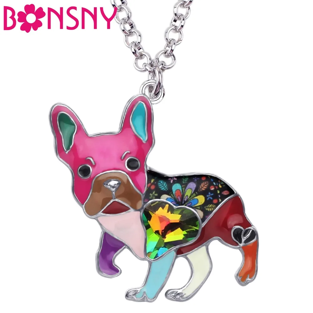 Bonsny, эмалированный сплав, стразы с кристаллами, французский бульдог, мопс, подвеска для ожерелья для собак, колье, животные, домашние животные, ювелирные изделия для женщин, подарок для девочек